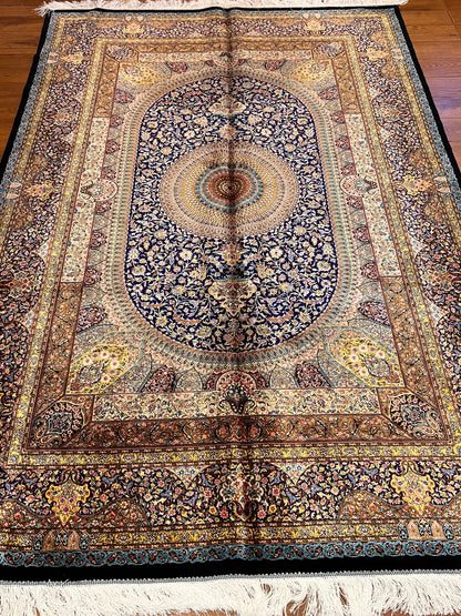 5’ x 8’ Luxury Navy Blue Bamboo Silk Rug – Grand Medallion Floral Design, Ivory & Gold Accents, Fine Woven Statement Rug