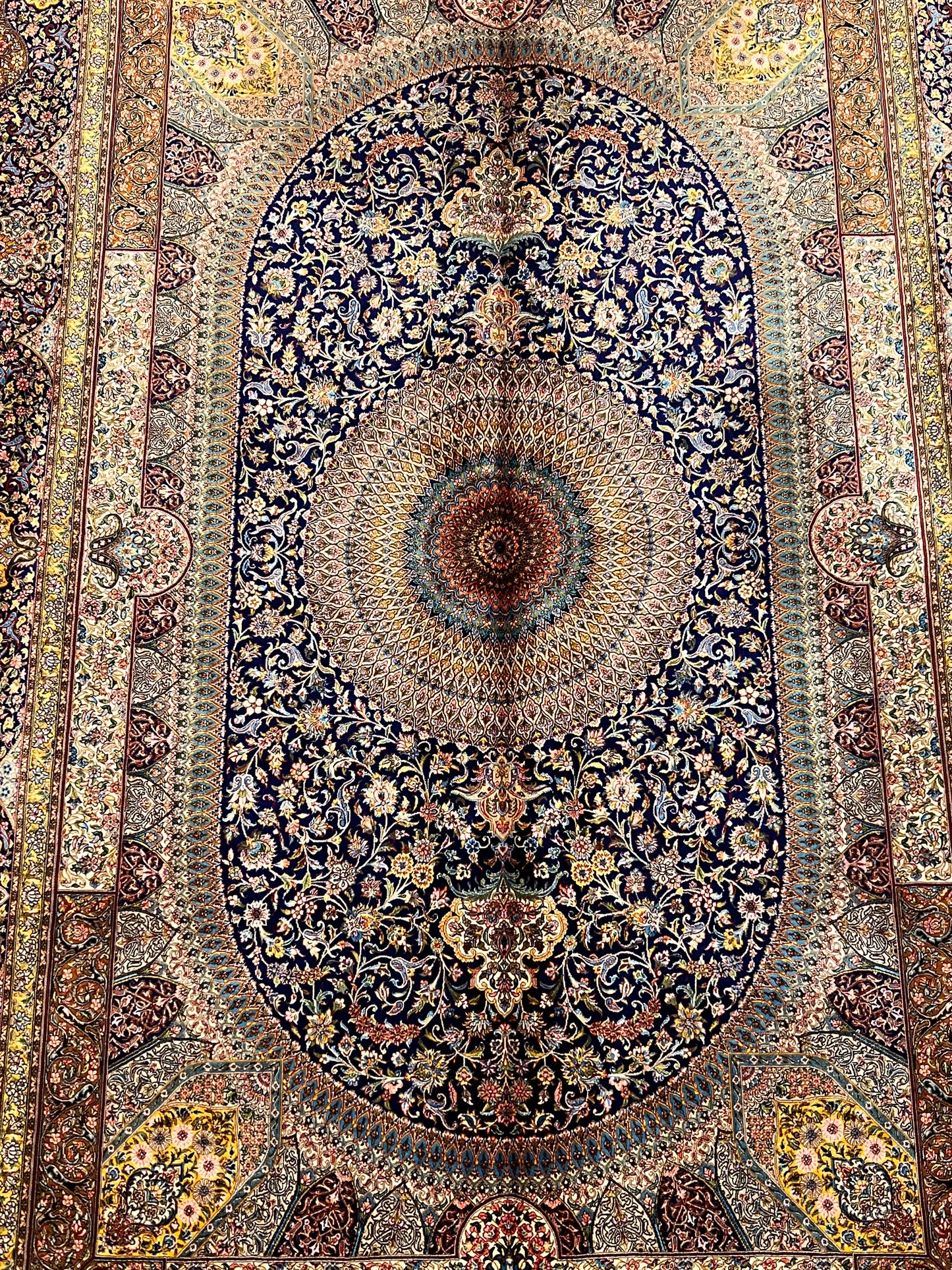 5’ x 8’ Luxury Navy Blue Bamboo Silk Rug – Grand Medallion Floral Design, Ivory & Gold Accents, Fine Woven Statement Rug