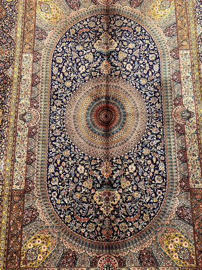 5’ x 8’ Luxury Navy Blue Bamboo Silk Rug – Grand Medallion Floral Design, Ivory & Gold Accents, Fine Woven Statement Rug