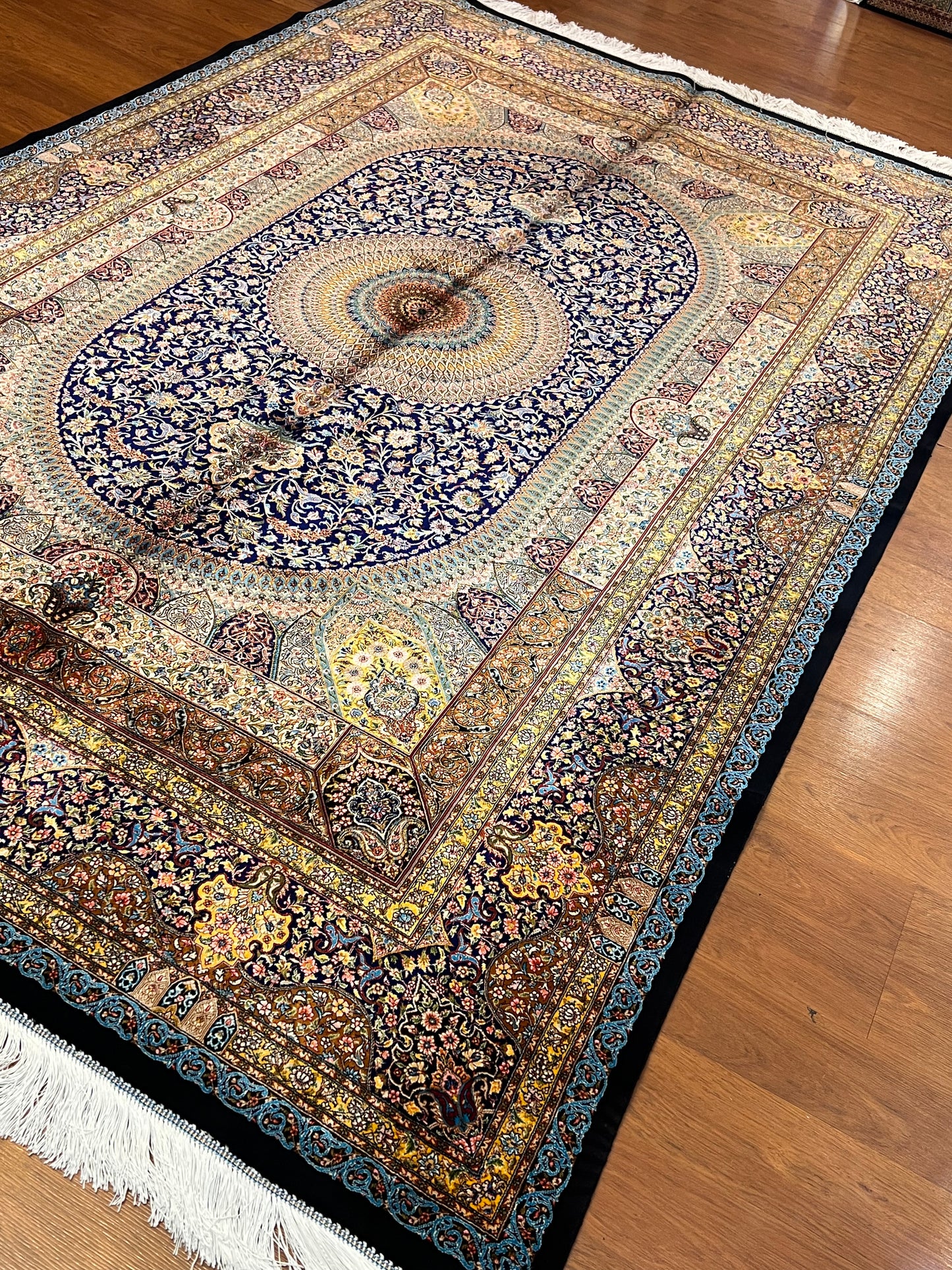 5’ x 8’ Luxury Navy Blue Bamboo Silk Rug – Grand Medallion Floral Design, Ivory & Gold Accents, Fine Woven Statement Rug