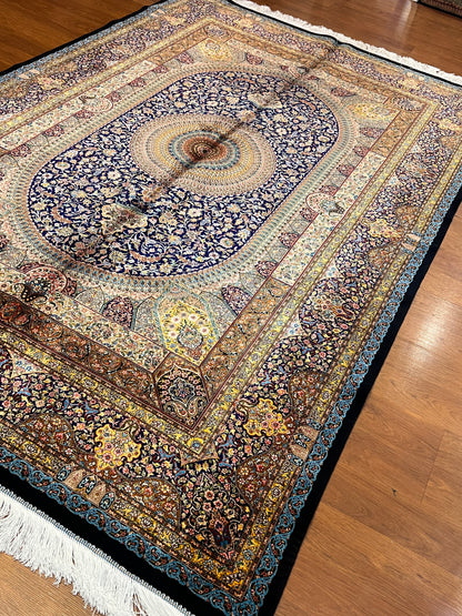 5’ x 8’ Luxury Navy Blue Bamboo Silk Rug – Grand Medallion Floral Design, Ivory & Gold Accents, Fine Woven Statement Rug
