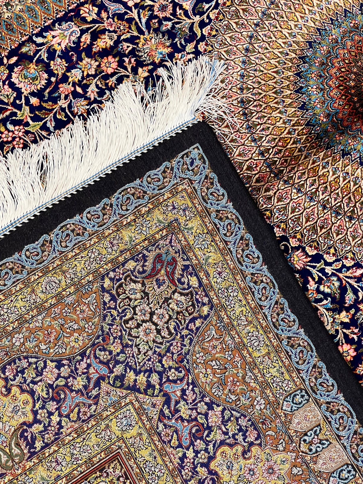 5’ x 8’ Luxury Navy Blue Bamboo Silk Rug – Grand Medallion Floral Design, Ivory & Gold Accents, Fine Woven Statement Rug