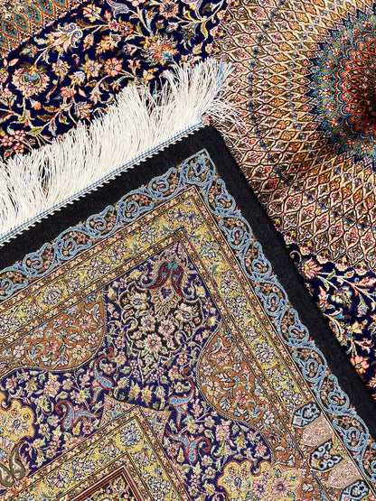 5’ x 8’ Luxury Navy Blue Bamboo Silk Rug – Grand Medallion Floral Design, Ivory & Gold Accents, Fine Woven Statement Rug