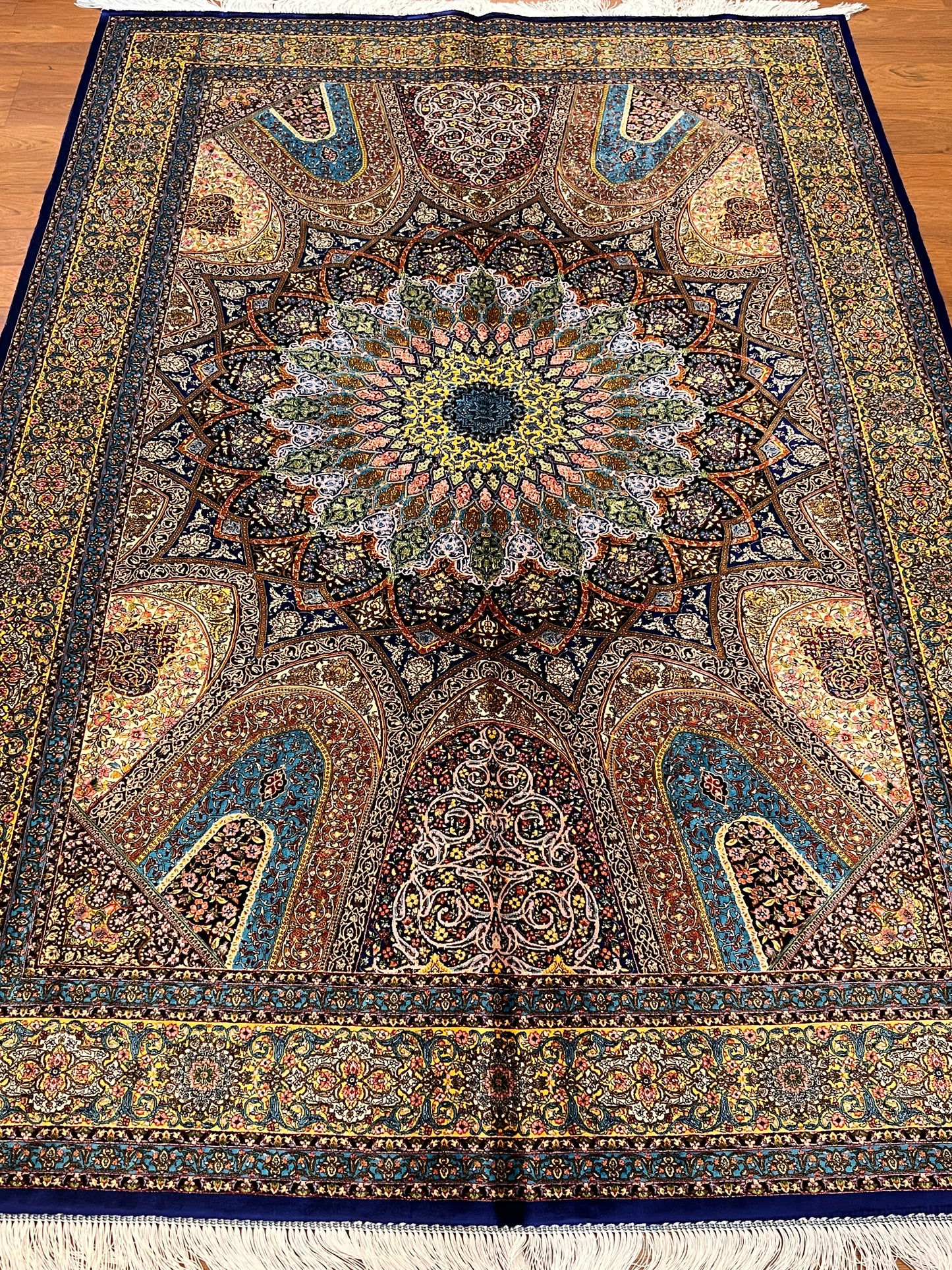 5’ x 8’ Luxury Bamboo Silk Rug – Grand Rosette Medallion Design, Turquoise, Navy & Gold Fine Woven Statement Rug