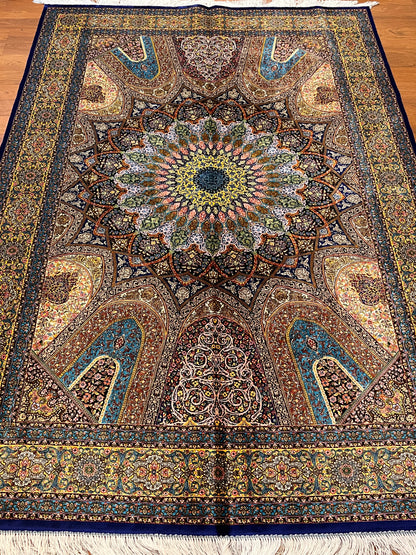 5’ x 8’ Luxury Bamboo Silk Rug – Grand Rosette Medallion Design, Turquoise, Navy & Gold Fine Woven Statement Rug