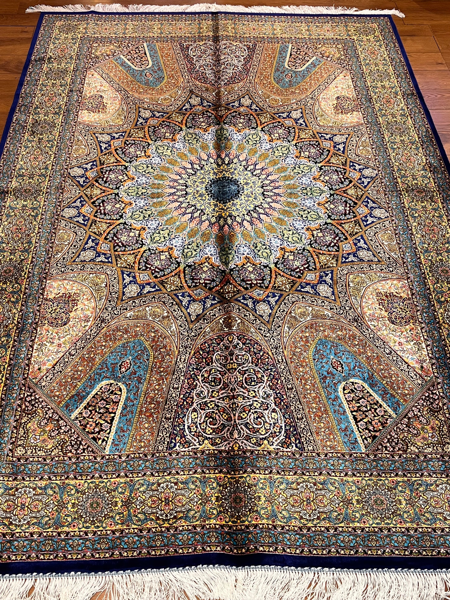 5’ x 8’ Luxury Bamboo Silk Rug – Grand Rosette Medallion Design, Turquoise, Navy & Gold Fine Woven Statement Rug