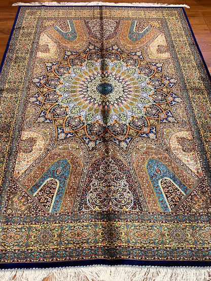 5’ x 8’ Luxury Bamboo Silk Rug – Grand Rosette Medallion Design, Turquoise, Navy & Gold Fine Woven Statement Rug
