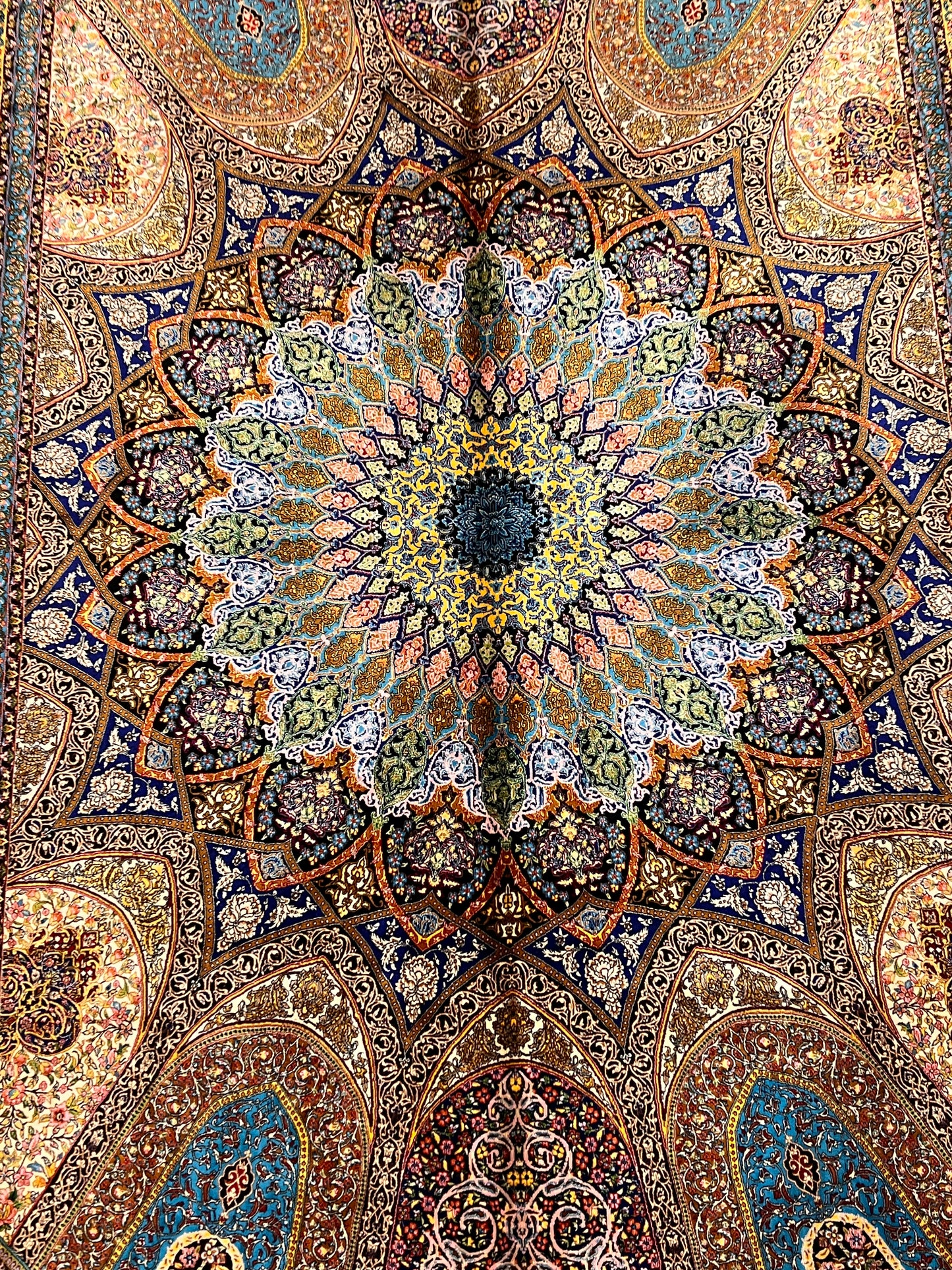 5’ x 8’ Luxury Bamboo Silk Rug – Grand Rosette Medallion Design, Turquoise, Navy & Gold Fine Woven Statement Rug