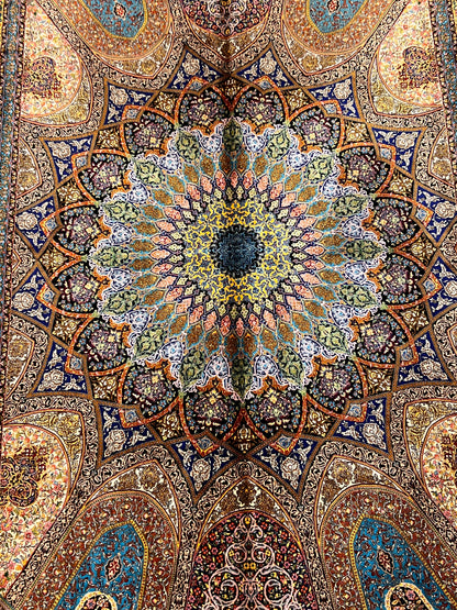 5’ x 8’ Luxury Bamboo Silk Rug – Grand Rosette Medallion Design, Turquoise, Navy & Gold Fine Woven Statement Rug