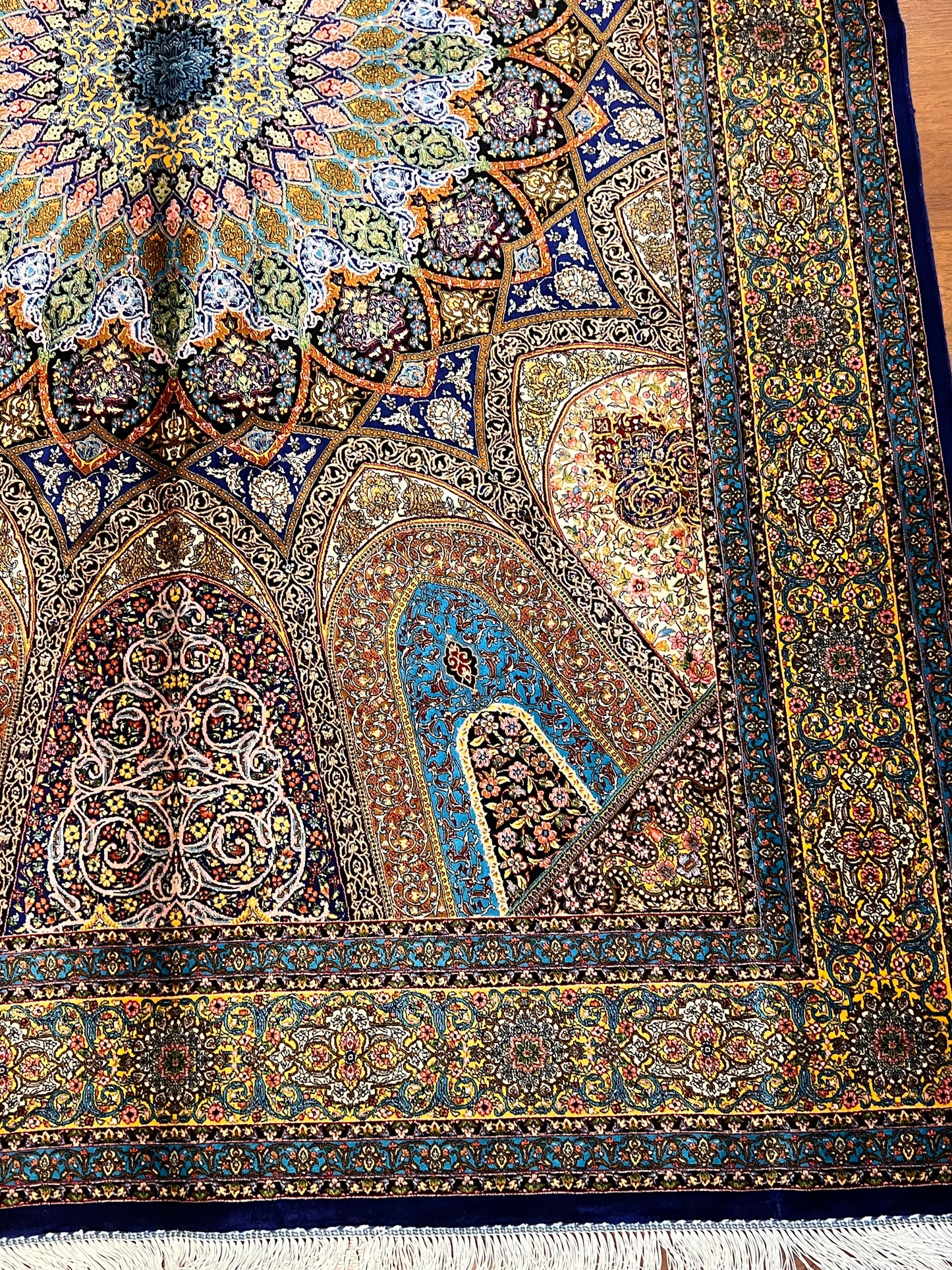 5’ x 8’ Luxury Bamboo Silk Rug – Grand Rosette Medallion Design, Turquoise, Navy & Gold Fine Woven Statement Rug