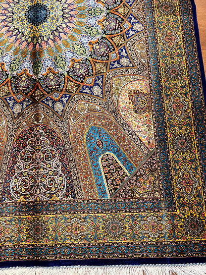 5’ x 8’ Luxury Bamboo Silk Rug – Grand Rosette Medallion Design, Turquoise, Navy & Gold Fine Woven Statement Rug