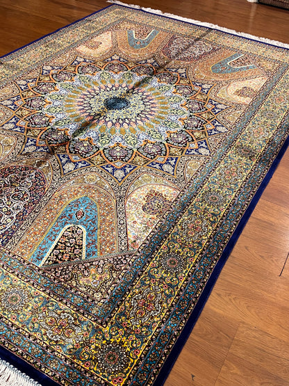 5’ x 8’ Luxury Bamboo Silk Rug – Grand Rosette Medallion Design, Turquoise, Navy & Gold Fine Woven Statement Rug