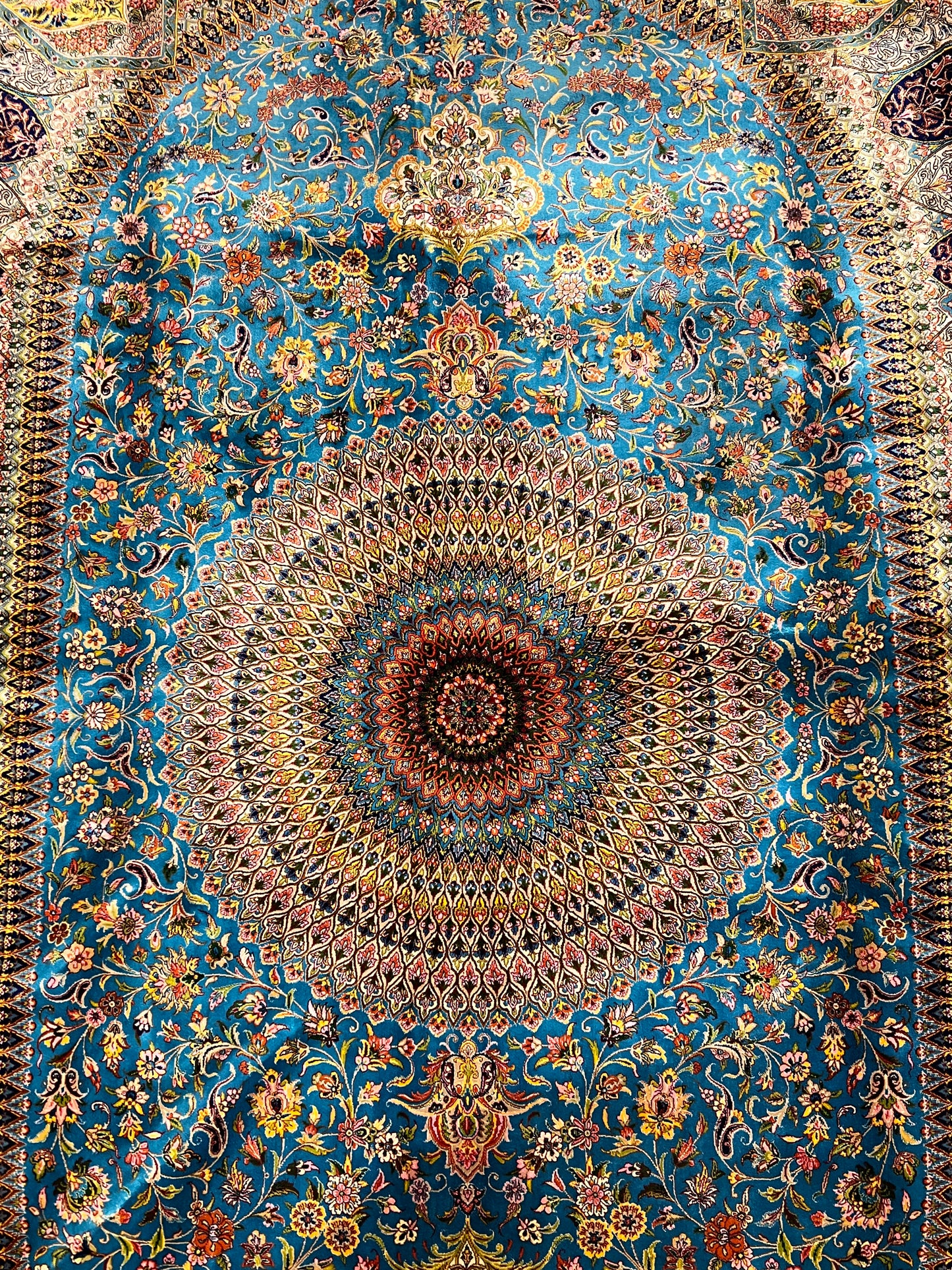 7x10 ft Turquoise Blue Silk Rug – Luxury Architectural Floral Medallion Design – Intricate Woven Turkish Area Rug for Living Room, Dining Room, Office & Elegant Interiors