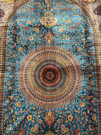 7x10 ft Turquoise Blue Silk Rug – Luxury Architectural Floral Medallion Design – Intricate Woven Turkish Area Rug for Living Room, Dining Room, Office & Elegant Interiors