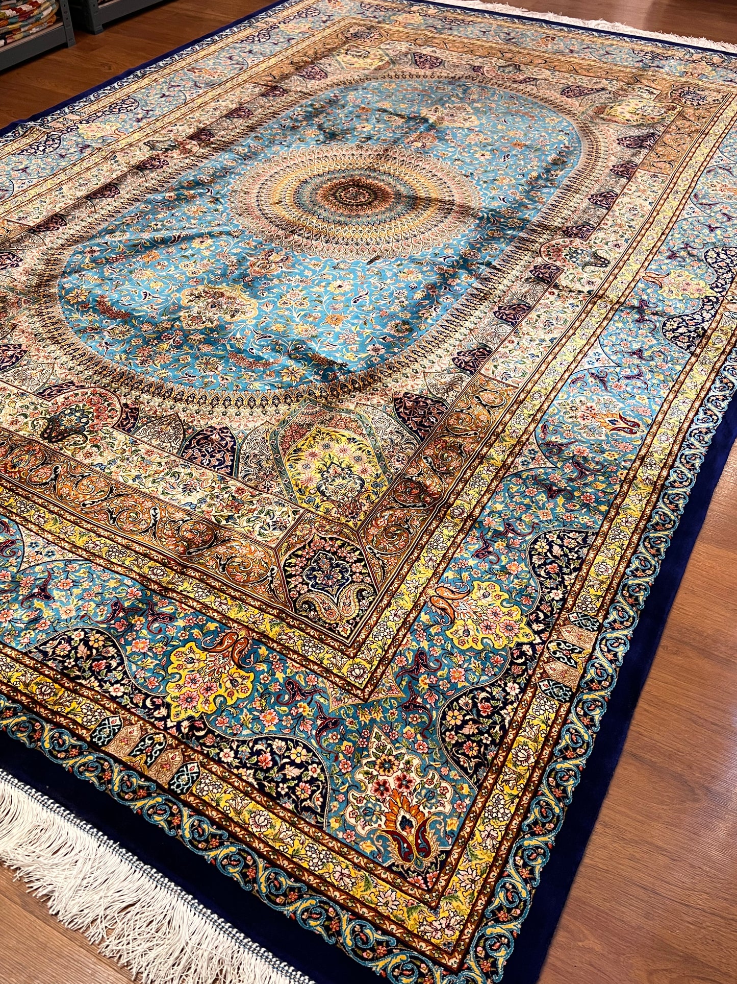 7x10 ft Turquoise Blue Silk Rug – Luxury Architectural Floral Medallion Design – Intricate Woven Turkish Area Rug for Living Room, Dining Room, Office & Elegant Interiors