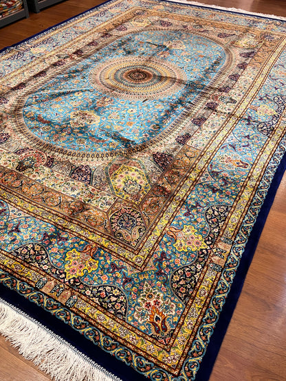 7x10 ft Turquoise Blue Silk Rug – Luxury Architectural Floral Medallion Design – Intricate Woven Turkish Area Rug for Living Room, Dining Room, Office & Elegant Interiors
