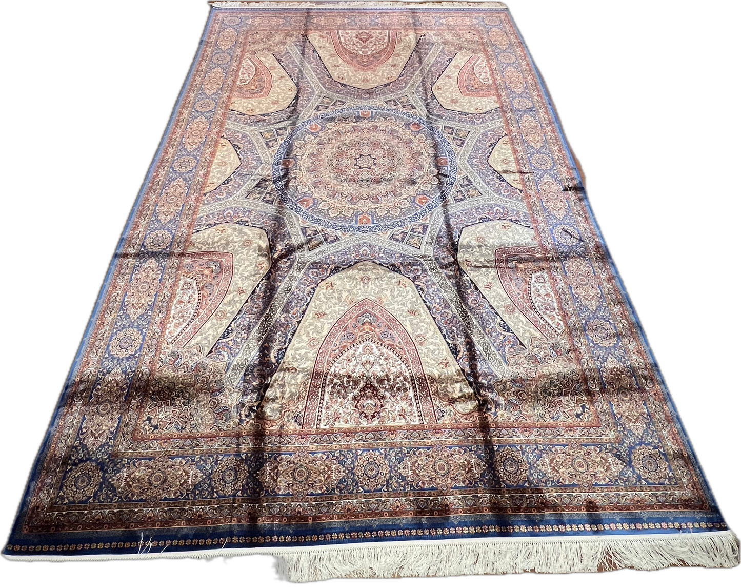 7x10 Silk Rug – Grand Architectural Medallion Design in Ivory, Soft Blue & Burgundy – Woven Turkish Area Rug