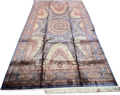 7x10 Silk Rug – Grand Architectural Medallion Design in Ivory, Soft Blue & Burgundy – Woven Turkish Area Rug