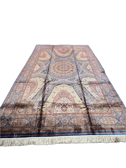 7x10 Silk Rug – Grand Architectural Medallion Design in Ivory, Soft Blue & Burgundy – Woven Turkish Area Rug
