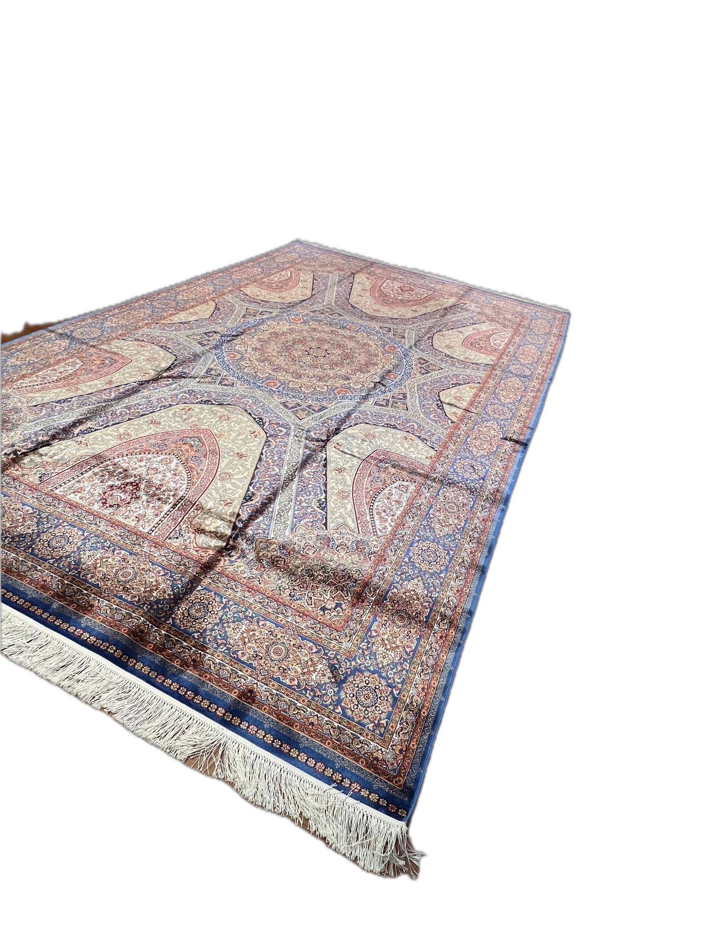 7x10 Silk Rug – Grand Architectural Medallion Design in Ivory, Soft Blue & Burgundy – Woven Turkish Area Rug