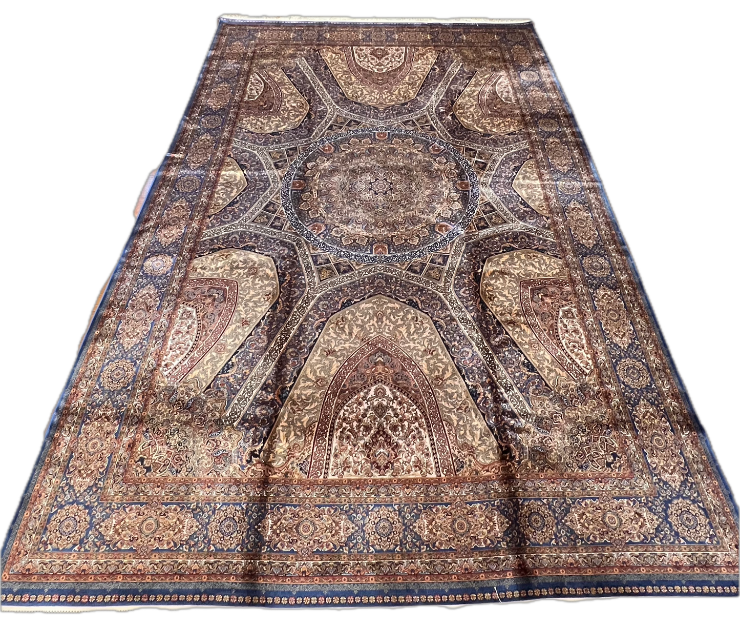7x10 Silk Rug – Grand Architectural Medallion Design in Ivory, Soft Blue & Burgundy – Woven Turkish Area Rug