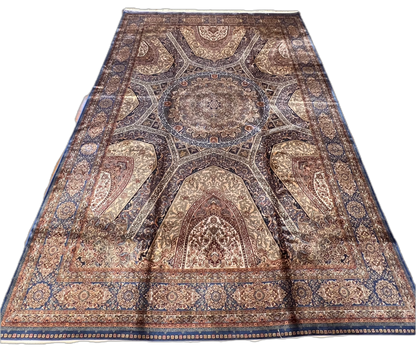 7x10 Silk Rug – Grand Architectural Medallion Design in Ivory, Soft Blue & Burgundy – Woven Turkish Area Rug