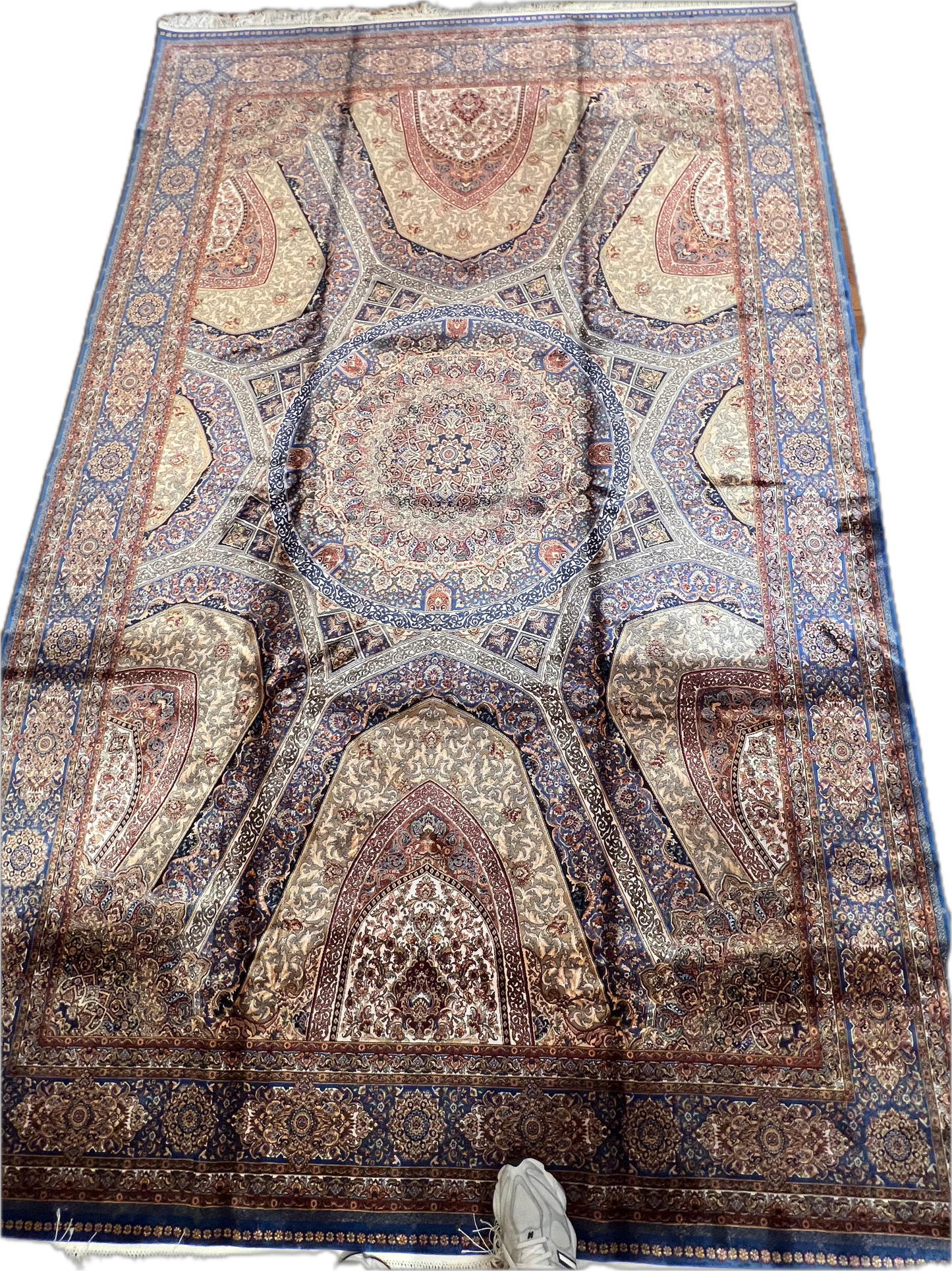 7x10 Silk Rug – Grand Architectural Medallion Design in Ivory, Soft Blue & Burgundy – Woven Turkish Area Rug