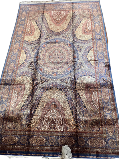 7x10 Silk Rug – Grand Architectural Medallion Design in Ivory, Soft Blue & Burgundy – Woven Turkish Area Rug