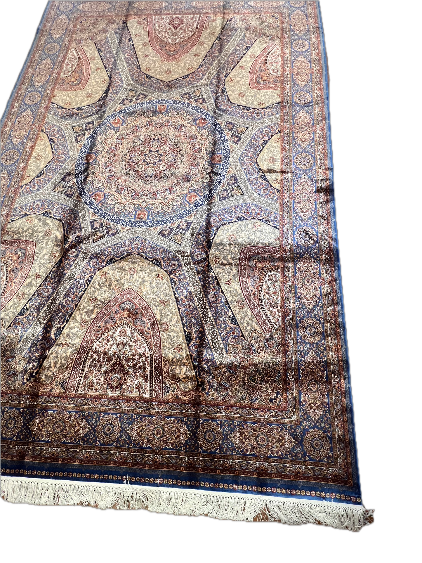 7x10 Silk Rug – Grand Architectural Medallion Design in Ivory, Soft Blue & Burgundy – Woven Turkish Area Rug