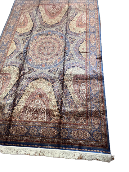 7x10 Silk Rug – Grand Architectural Medallion Design in Ivory, Soft Blue & Burgundy – Woven Turkish Area Rug