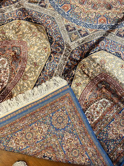 7x10 Silk Rug – Grand Architectural Medallion Design in Ivory, Soft Blue & Burgundy – Woven Turkish Area Rug