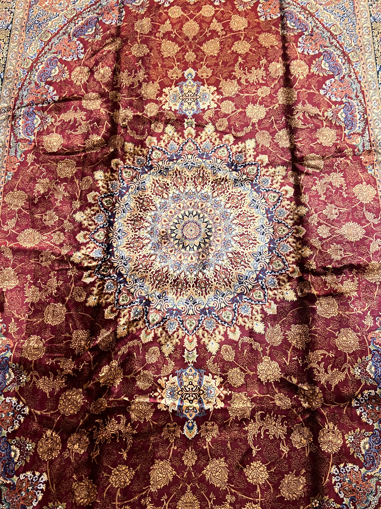 7x10 Luxury Silk Rug – Elegant Burgundy Floral Medallion with Navy Blue & Ivory Details – Woven Turkish Area Rug