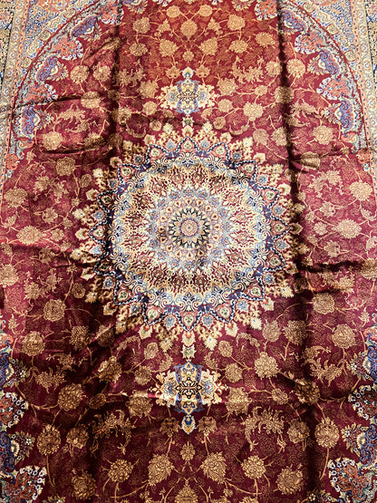 7x10 Luxury Silk Rug – Elegant Burgundy Floral Medallion with Navy Blue & Ivory Details – Woven Turkish Area Rug