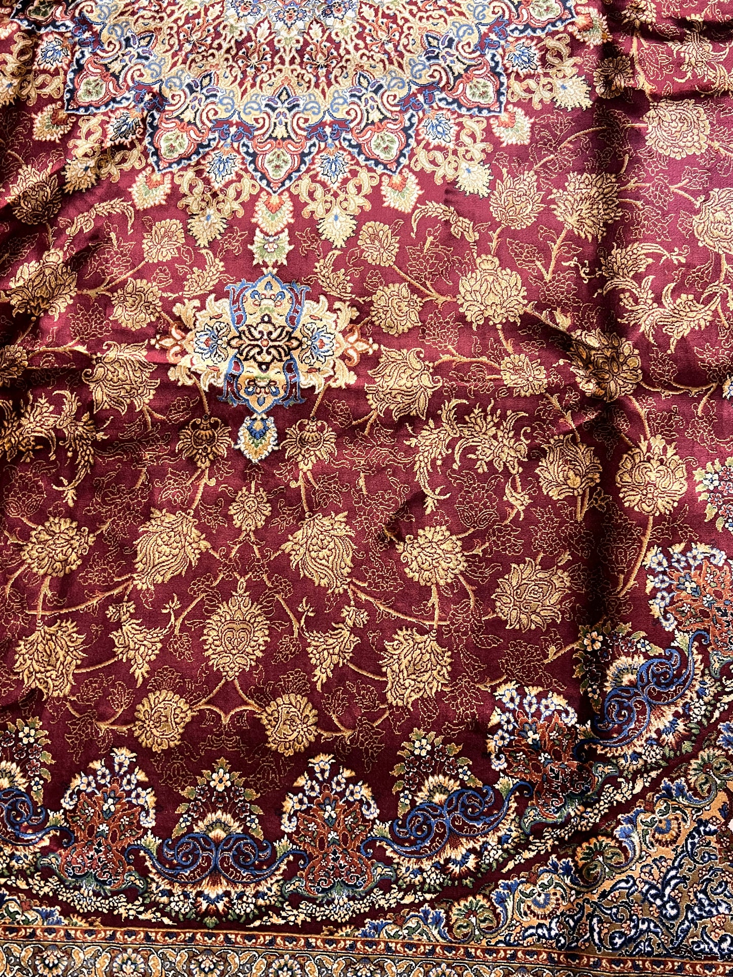 7x10 Luxury Silk Rug – Elegant Burgundy Floral Medallion with Navy Blue & Ivory Details – Woven Turkish Area Rug