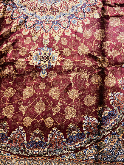 7x10 Luxury Silk Rug – Elegant Burgundy Floral Medallion with Navy Blue & Ivory Details – Woven Turkish Area Rug