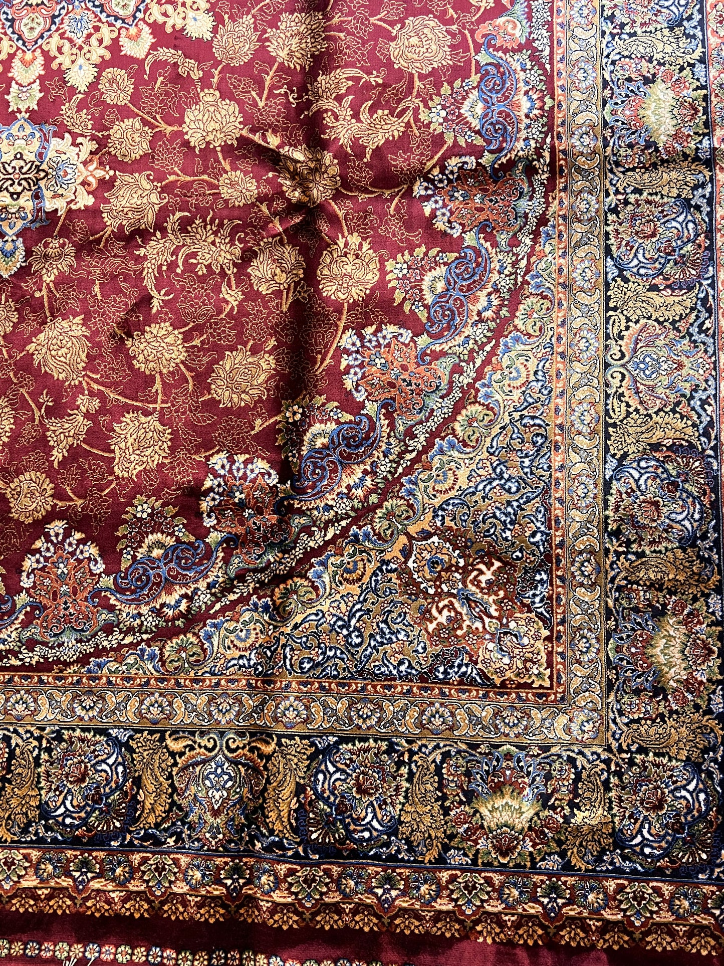 7x10 Luxury Silk Rug – Elegant Burgundy Floral Medallion with Navy Blue & Ivory Details – Woven Turkish Area Rug