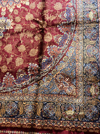 7x10 Luxury Silk Rug – Elegant Burgundy Floral Medallion with Navy Blue & Ivory Details – Woven Turkish Area Rug