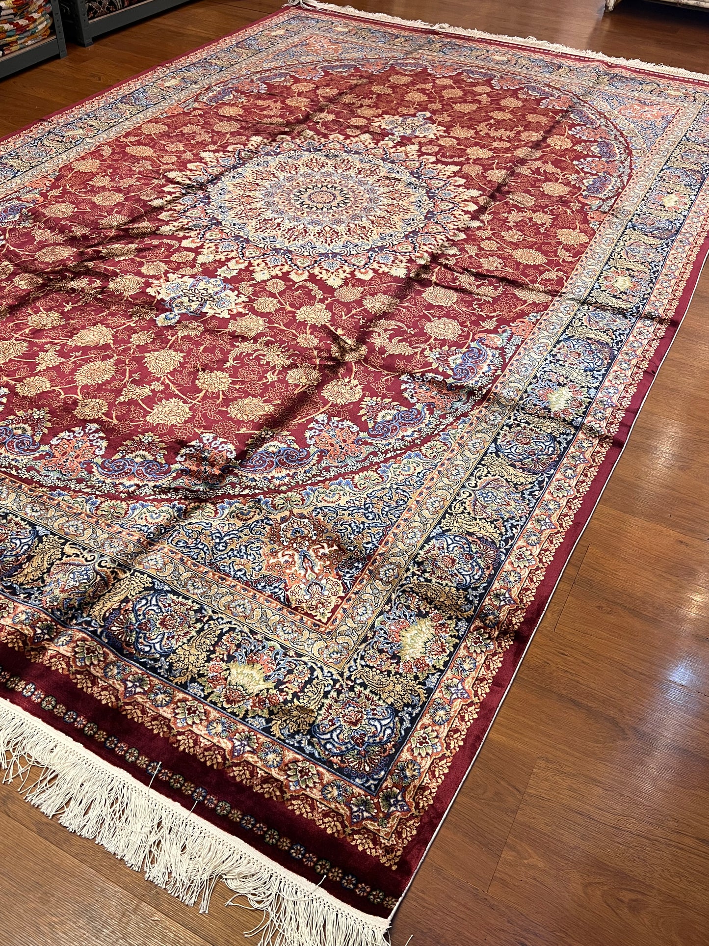 7x10 Luxury Silk Rug – Elegant Burgundy Floral Medallion with Navy Blue & Ivory Details – Woven Turkish Area Rug