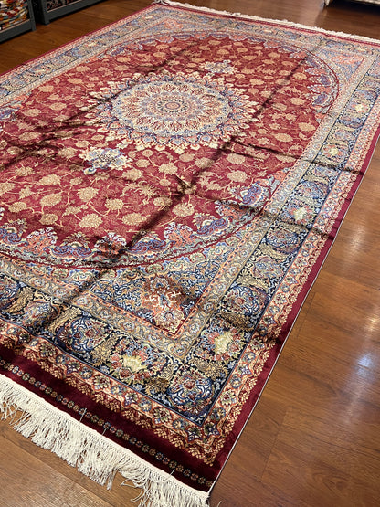 7x10 Luxury Silk Rug – Elegant Burgundy Floral Medallion with Navy Blue & Ivory Details – Woven Turkish Area Rug