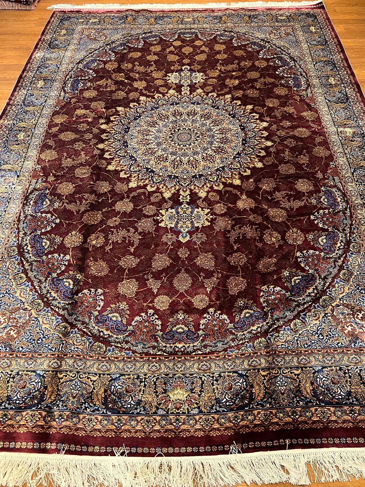 7x10 Luxury Silk Rug – Elegant Burgundy Floral Medallion with Navy Blue & Ivory Details – Woven Turkish Area Rug