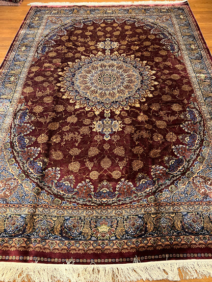 7x10 Luxury Silk Rug – Elegant Burgundy Floral Medallion with Navy Blue & Ivory Details – Woven Turkish Area Rug