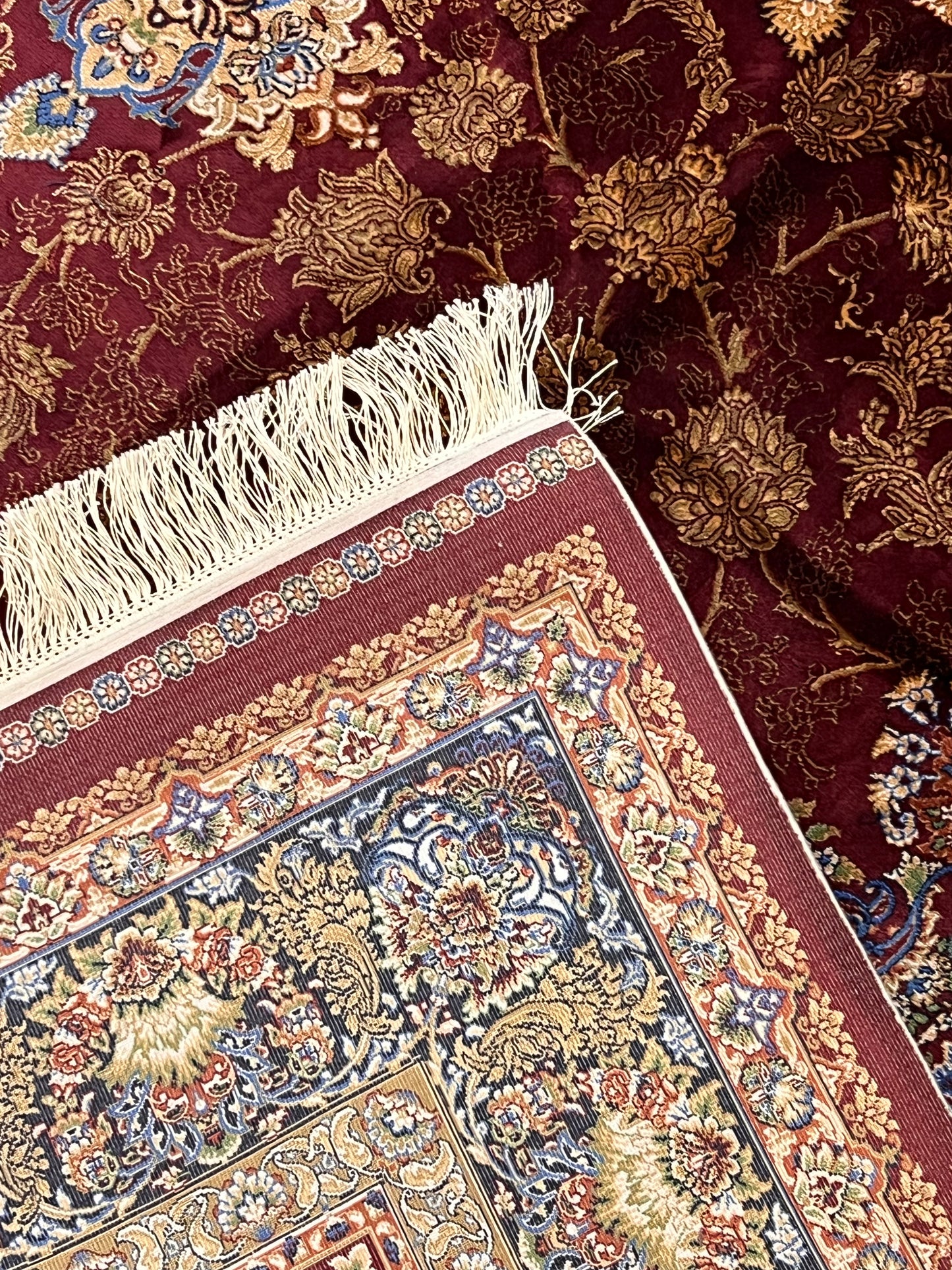 7x10 Luxury Silk Rug – Elegant Burgundy Floral Medallion with Navy Blue & Ivory Details – Woven Turkish Area Rug