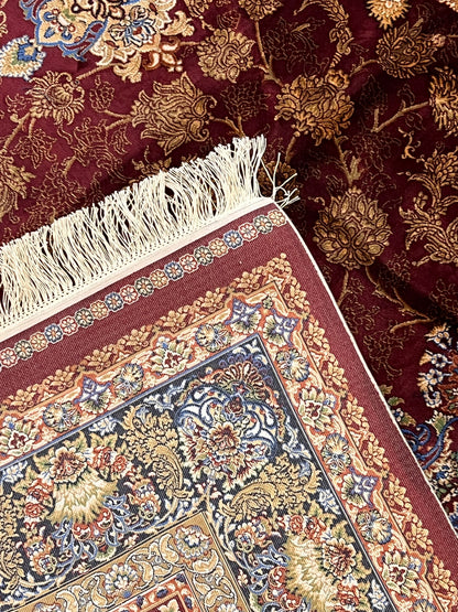 7x10 Luxury Silk Rug – Elegant Burgundy Floral Medallion with Navy Blue & Ivory Details – Woven Turkish Area Rug