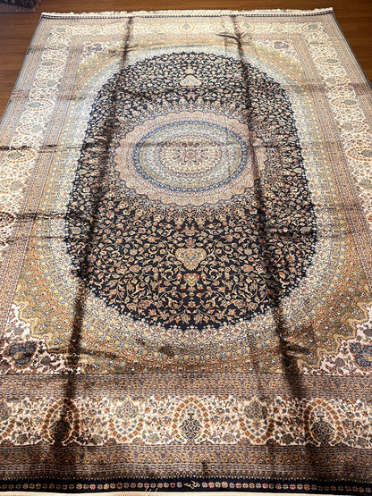 7’ x 10’ Luxury Silk Rug – Black & Ivory Grand Medallion Design – Intricate Woven Turkish Area Rug