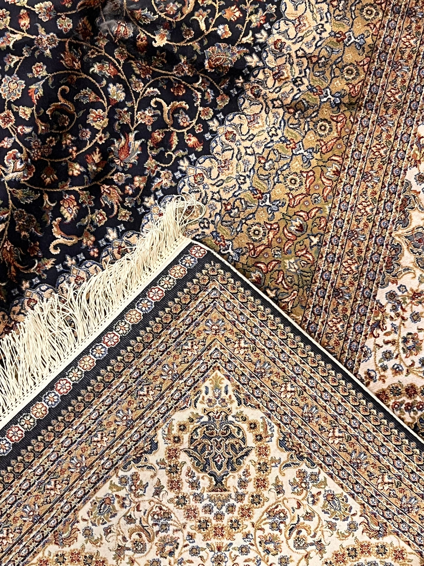7’ x 10’ Luxury Silk Rug – Black & Ivory Grand Medallion Design – Intricate Woven Turkish Area Rug