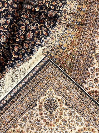 7’ x 10’ Luxury Silk Rug – Black & Ivory Grand Medallion Design – Intricate Woven Turkish Area Rug