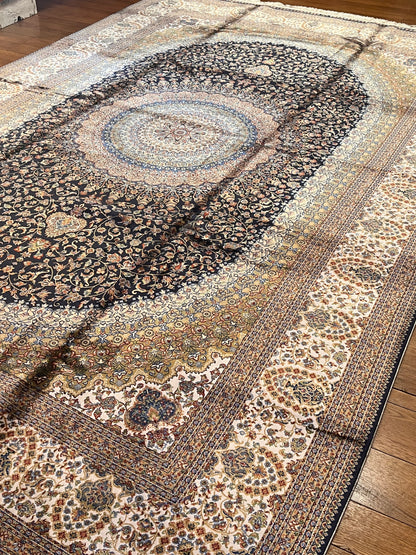 7’ x 10’ Luxury Silk Rug – Black & Ivory Grand Medallion Design – Intricate Woven Turkish Area Rug