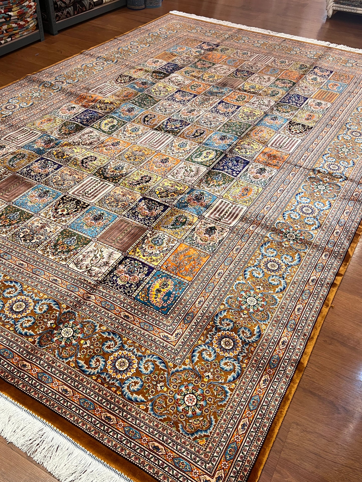 7’ x 10’ Luxury Silk Rug – Multicolor Garden Panel Design – Intricate Woven Turkish Area Rug