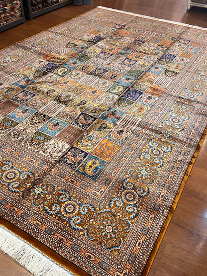 7’ x 10’ Luxury Silk Rug – Multicolor Garden Panel Design – Intricate Woven Turkish Area Rug