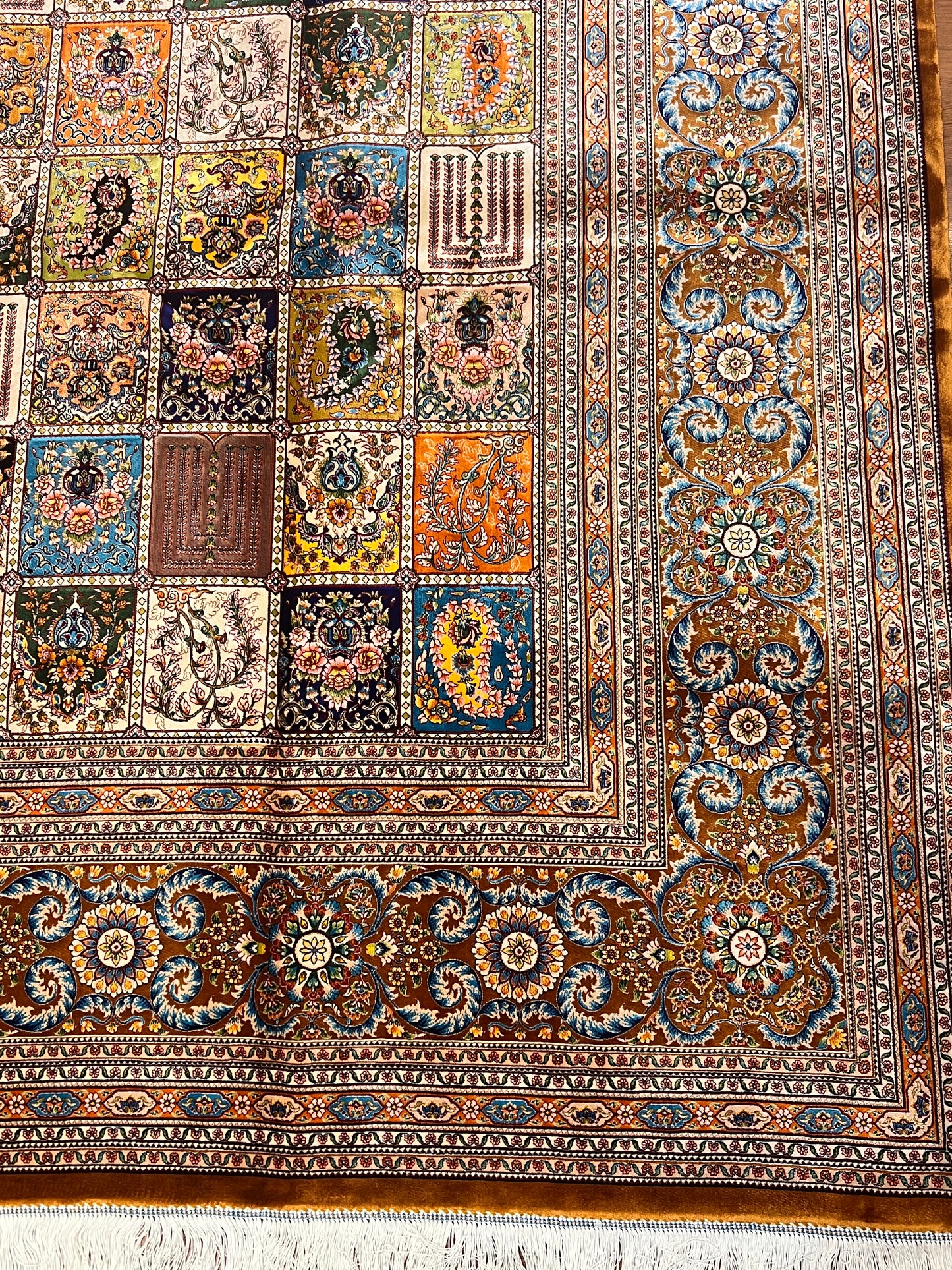 7’ x 10’ Luxury Silk Rug – Multicolor Garden Panel Design – Intricate Woven Turkish Area Rug